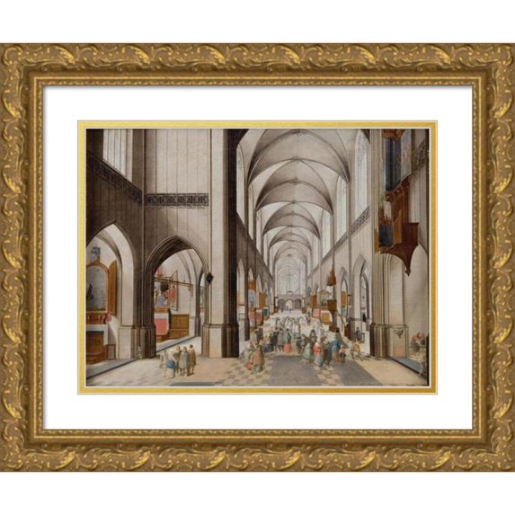 Pieter Neeffs the Elder 24x18 Gold Ornate Framed and Double Matted Museum Art Print Titled - Interior of a Three-Aisled Gothic Church During a Sermon (1628 - 1631)