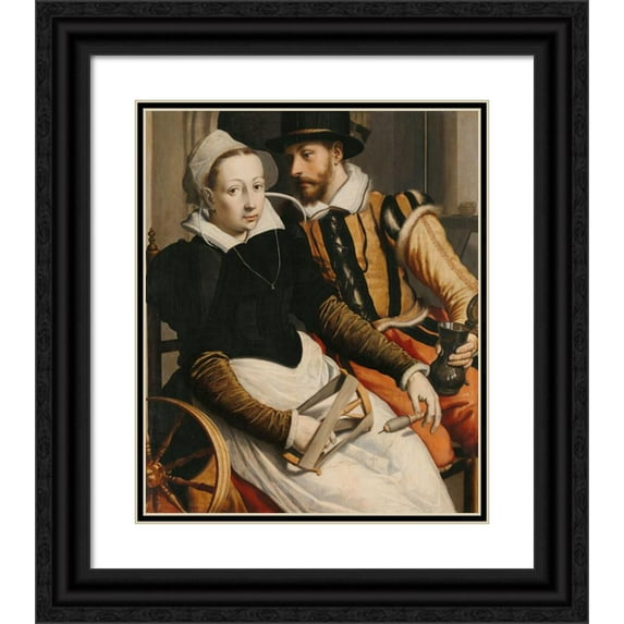 Pieter Pietersz. 20x23 Black Ornate Framed Double Matted Museum Art Print Titled: Man and Woman at a Spinning Wheel (C. 1560 - C. 1570)