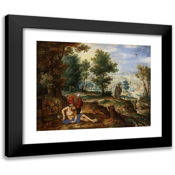 Pieter Stevens Circle 14x12 Black Modern Framed Museum Art Print Titled - Landscape with the Good Samaritan (ca. 1595 - 1600)