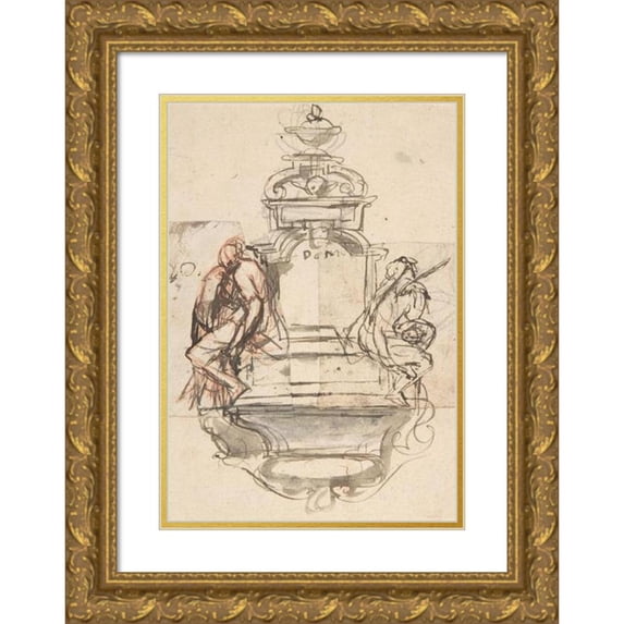 Pieter Verbruggen the Younger 11x14 Gold Ornate Wood Frame and Double Matted Museum Art Print Titled - Design for a Sepulchral Monument with Two Figures (Late 17th-Early 18th Century)