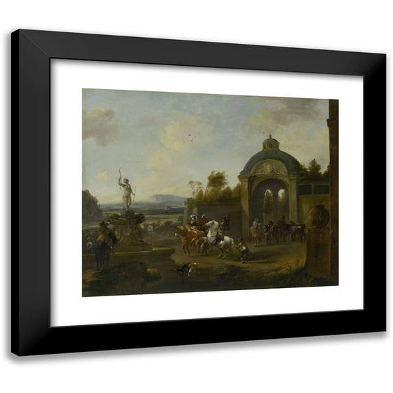 Pieter Wouwerman 24x20 Black Modern Framed Museum Art Print Titled - Hunting Party at a Fountain (1660 - 1682)