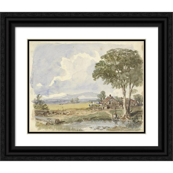 Pieter van Loon 14x12 Black Ornate Wood Framed Double Matted Museum Art Print Titled: Landscape with Farm (1811 - 1873)