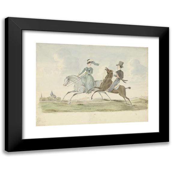 Pieter van Loon 18x14 Black Modern Framed Museum Art Print Titled - Male and Woman on Horseback in a Landscape (1811 - 1873)