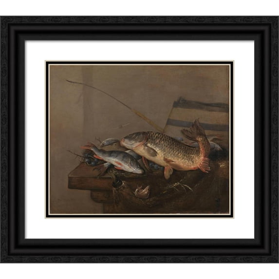Pieter van Noort 23x20 Black Ornate Framed Double Matted Museum Art Print Titled: Still Life with Fish (1648 - 1672)