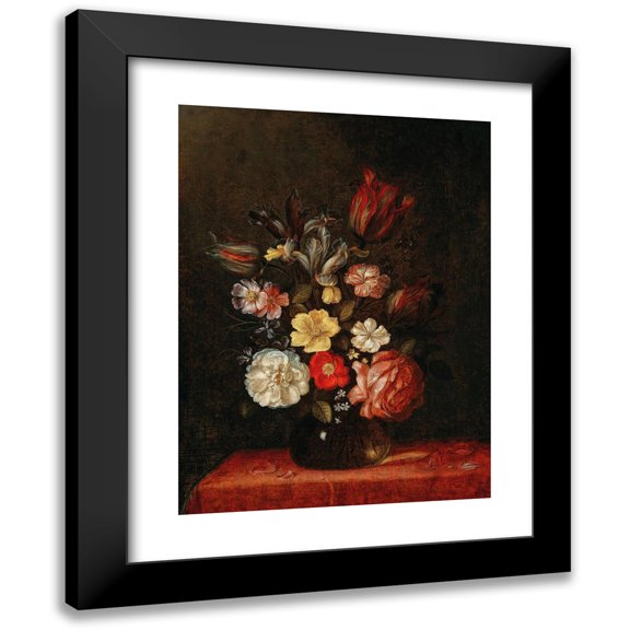 Pieter van de Venne 11x14 Black Modern Framed Museum Art Print Titled - Roses, Tulips and Irises in a Glass Vase