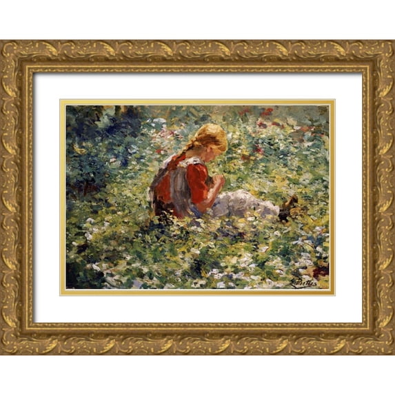 Pieters, Evert 32x24 Gold Ornate Wood Framed with Double Matting Museum Art Print Titled - A Young Girl In a Flower Garden