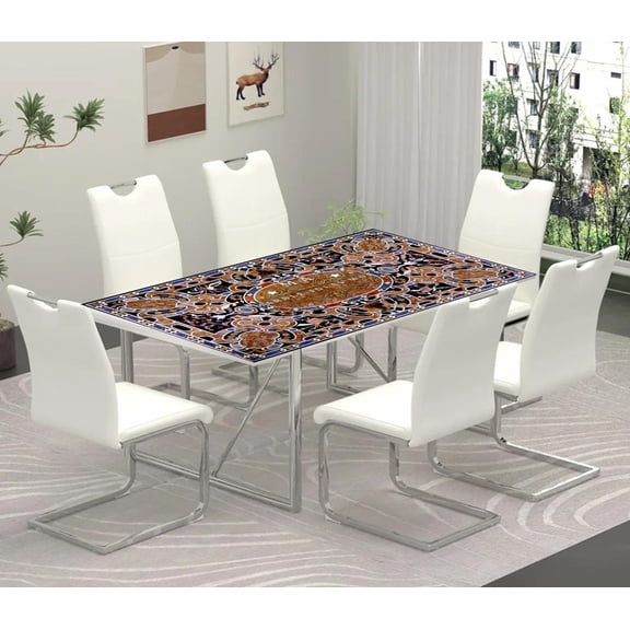Pietra Dura Table Top with Natural Marble Floral Inlay Art | Handcrafted Marble Dining Table with Intricate Floral Stone Inlay Design-48x84 Inch