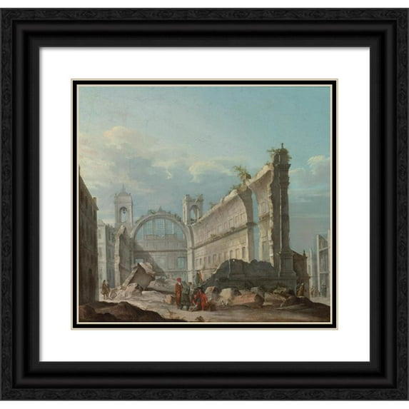 Pietro Bellotto 16x15 Black Ornate Wood Framed Double Matted Museum Art Print Titled - Capriccio with Figures in Front of the Ruins of a Church