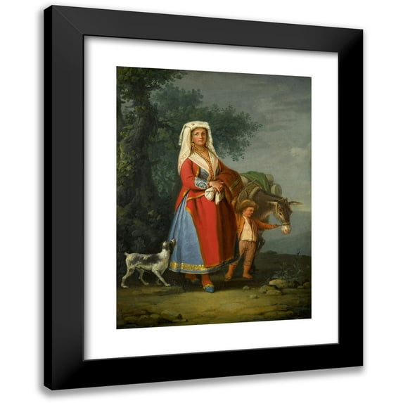 Pietro Fabris 11x14 Black Modern Framed Museum Art Print Titled - A Young Girl in Traditional Neapolitan Dress in a Landscape, Together with a Young Boy and a Donkey