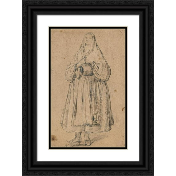 Pietro Longhi 11x14 Black Ornate Wood Framed Double Matted Museum Art Print Titled: Standing Woman Holding a Muff, Turned Slightly to the Left (1755-1760)
