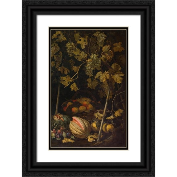 Pietro Paolo Bonzi 17x24 Black Ornate Framed Double Matted Museum Art Print Titled: Still Life with Fruit and Vine (1620s)