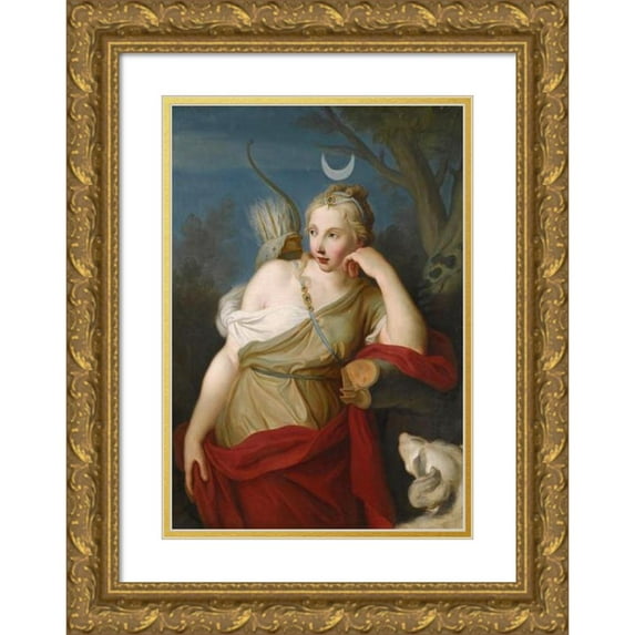 Pietro Rotari 18x24 Gold Ornate Framed and Double Matted Museum Art Print Titled - Diana, Goddess of the Hunt, Leaning Against a Tree