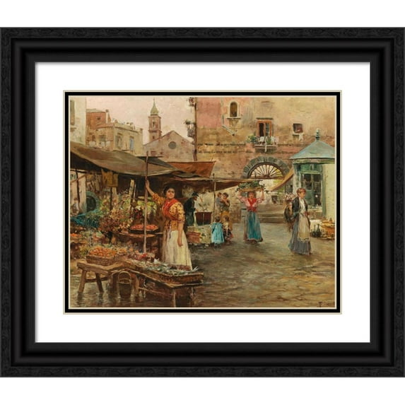 Pietro Scoppetta 14x12 Black Ornate Wood Framed Double Matted Museum Art Print Titled: A Market Scene in Naples