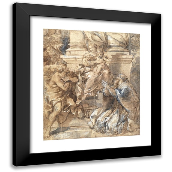 Pietro da Cortona 12x14 Black Modern Framed Museum Art Print Titled - Madonna and Child, Saint John the Baptist and Pope Stephen (1626)