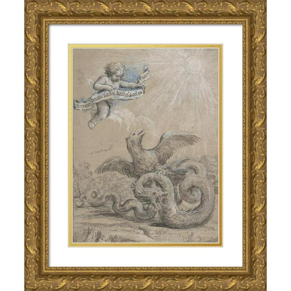 Pietro da Cortona 12x14 Gold Ornate Wood Frame and Double Matted Museum Art Print Titled - Design with an Eagle Fighting with a Serpent and a Putto in the Sky Holding an Inscribed Banner (17