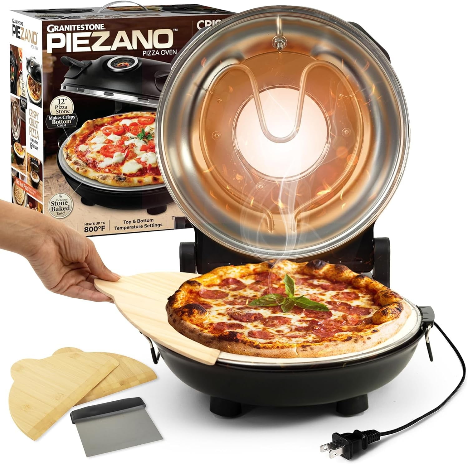 Piezano Pizza Oven & Grill Indoor Pizza Maker Machine Pizza Cooker 12" for Kitchen Countertop Electric Up To 800°F Black