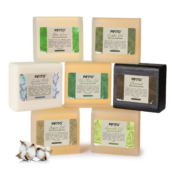 Pifito Melt and Pour Soap Base Sampler (7 lbs) Assortment of 7 Bases (1lb ea) Argan Oil, Avocado Oil, Castor Oil, Charcoal, Tea Tree Oil, Goats Milk, Aloe Vera Glycerin Soap Making Supplies