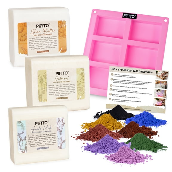 Pifito Soap Making Kit DIY Soap Making Supplies - 3 lbs Melt and Pour Soap Base (Shea Butter, Goats Milk, Oatmeal), 8-Pack Oxide Pigment Colorants Sampler, Mold and Instructions