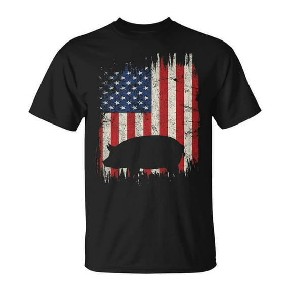 Pig 4th of July American Flag Graphic Tee Unisex Adult Cotton Shirt for Patriotic Farm Animal Lovers Casual Wear Gift, Size XL, Color Black
