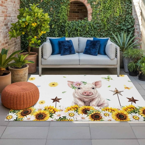 Pig Animal Indoor Outdoor Rugs 3x5 Ft, Yellow Sunflower Daisy Bird Butterfly Field Summer Outdoor Patio Rugs Mat Washable Outside Area Rugs Carpet for Porch Deck RV Camping Pool Balcony Backyard