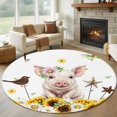 thumbnail image 1 of Pig Animal Round Living Room Rugs 5 ft, Yellow Sunflower Daisy Bird Butterfly Field Summer Washable Area Rug with Non-Slip Sturdy Edge Binding Round Carpet for Entryway Kitchen Bedroom Bathroom, 1 of 9