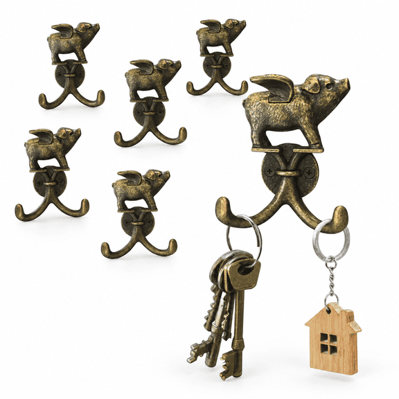 Pig-Antique Brass Zinc Alloy Decorative Double Wall Hooks, 6 Pack, Multi-Purpose Hanging for Coats, Keys, Towels