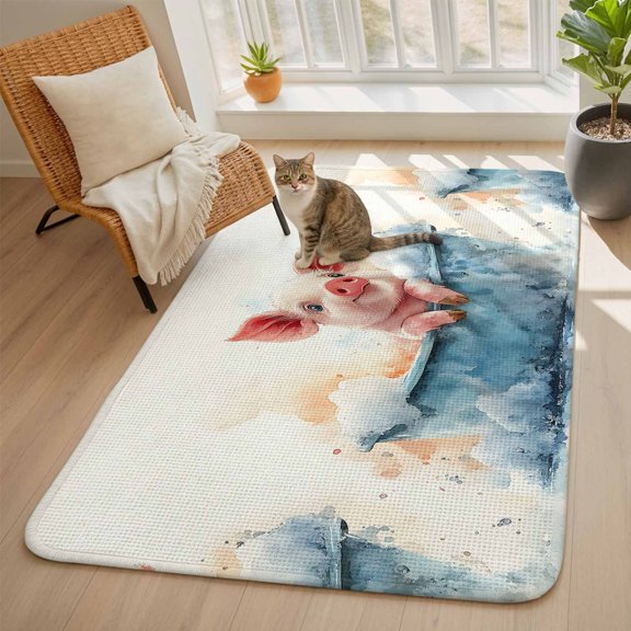Pig Bathing Area Rugs for Living Room 5x6, in The Bathtub Washable Area Rug with Non Slip Backing, Stain Resist Linen Carpet for Bedroom, Dining Room, Entryway, Entrance
