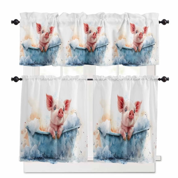 Pig Bathing Kitchen Curtains Valances and Tiers Set of 3, 36 Inch Length Tier Curtains and Valance Rod Pocket Valance Curtains Set for Kitchen Bathroom Small Windows