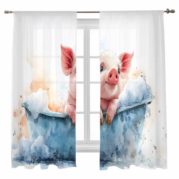 Pig Bathing Sheer Curtains 63 inches Long 2 Panels Set in The Bathtub Sheer Window Curtain Rod Pocket Voile Drapes for Living Room/Bedroom, Each 52" W x 63" L