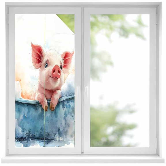 Pig Bathing Window Privacy Film 19.6x39.3in in The Bathtub Decorative Window Film with Static Cling, UV Filtering Window Cling Privacy Film for Glass Doors and Windows