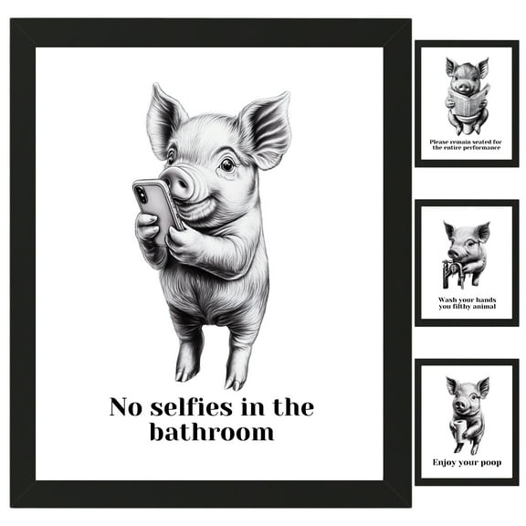 Pig Bathroom Decor, Wall Art, Farmhouse Photo Picture Set, 4pk, 8.5x11, TheNameStore