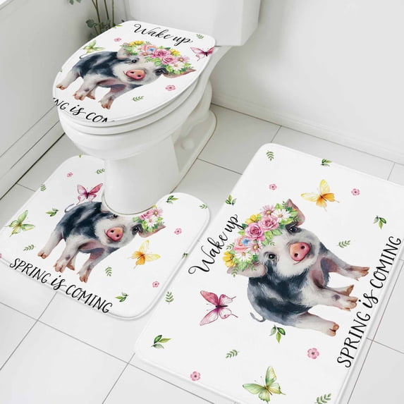 Pig Bathroom Rugs Set Watercolor Spring Pink Yellow White Floral Wreath Butterfly Non Slip Absorbent Soft Bath Mats 3 Piece Set with Bathroom Rug, U-Shaped Floor Mat, Toilet Seat Cover Small Size