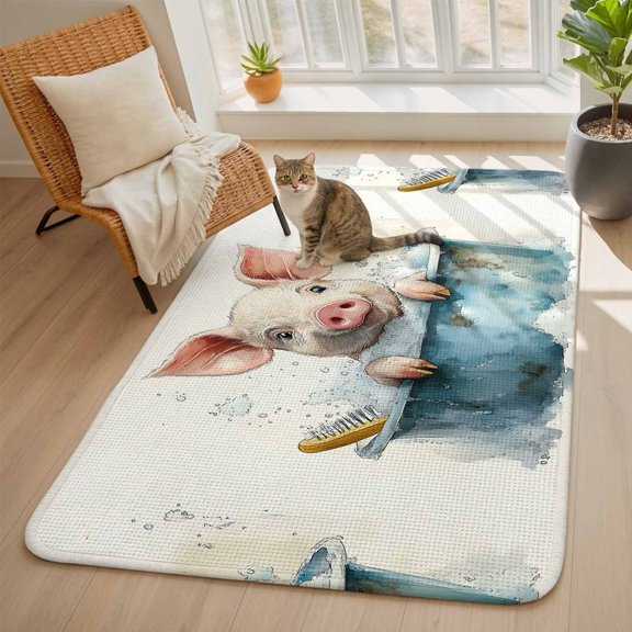 Pig Bathtub Area Rugs for Living Room 5x6, Watercolor Animal Washable Area Rug with Non Slip Backing, Stain Resist Linen Carpet for Bedroom, Dining Room, Entryway, Entrance