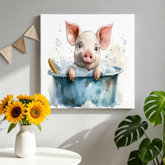 Pig Bathtub Canvas Wall Art, Watercolor Animal Pictures Wall Decor Wooden Framed Artwork Art Prints for Living Room Hallway Bedroom Office 8"x8"