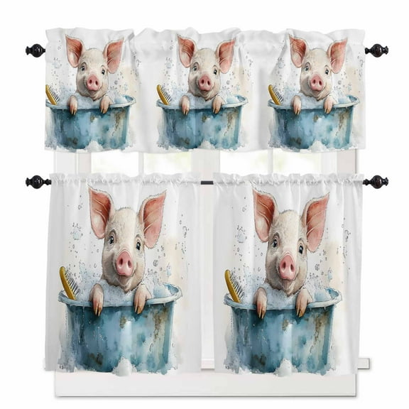 Pig Bathtub Kitchen Curtains Valances and Tiers Set of 3, 36 Inch Length Tier Curtains and Valance Rod Pocket Valance Curtains Set for Kitchen Bathroom Small Windows