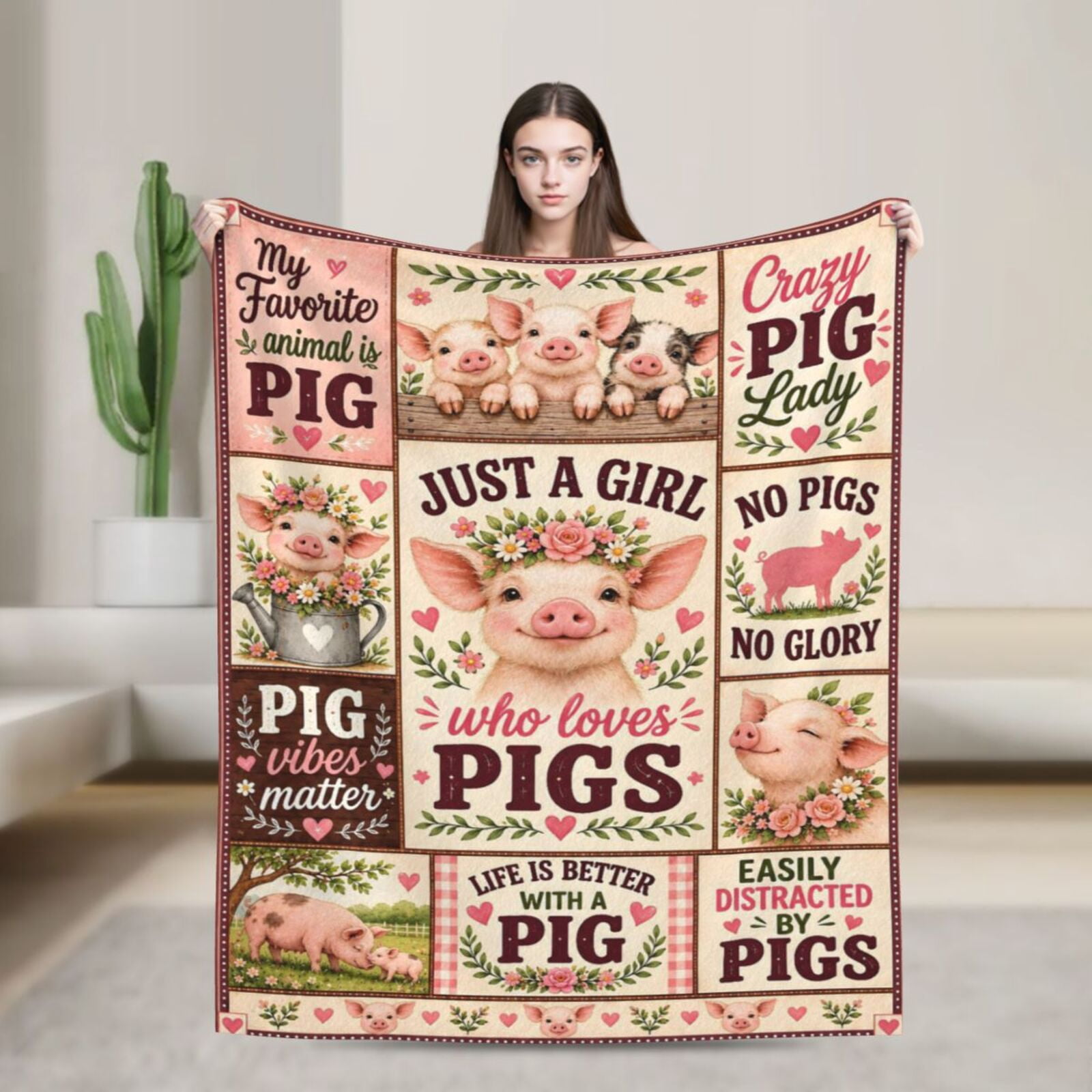 Pig Blanket Cute Pink Piglets Floral Patchwork Design Gift for Women ...