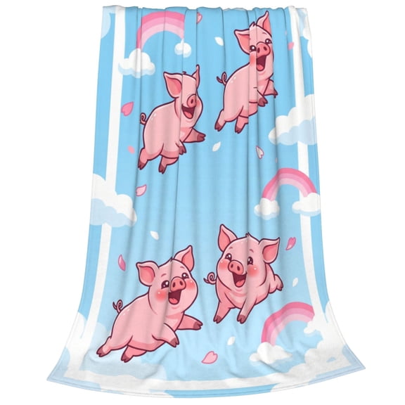 Pig Blanket Flannel Whimsical Flying Pig Pink Rainbow Sky Soft Warm Fleece Throw For Couch Sofa Bed Living Room Decor Gift For Women Pig Lover 50x40