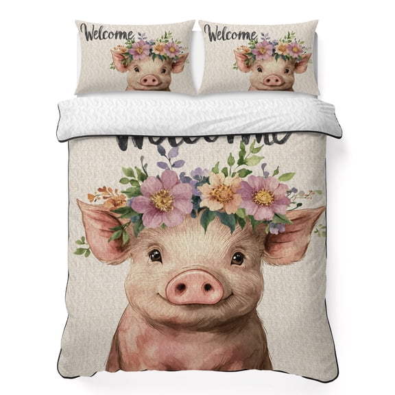 Pig California King Quilt Bedding Set, Welcome Lightweight Comforter with 2 Pillow Shams Bedroom Bedspread Set Home Decor for All Seasons