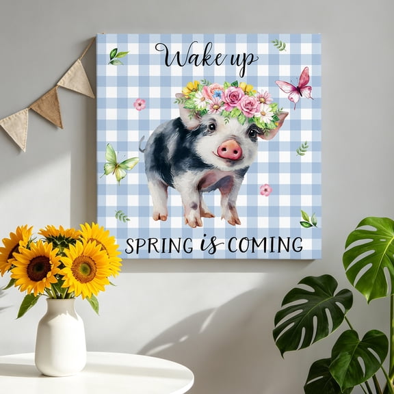Pig Canvas Wall Art Framed Wall Decor for Living Room Bedroom Bathroom, Watercolor Spring Pink Yellow White Floral Wreath Butterfly Blue Plaid Canvas Pictures Ready to Hang Decor, 8"x8"