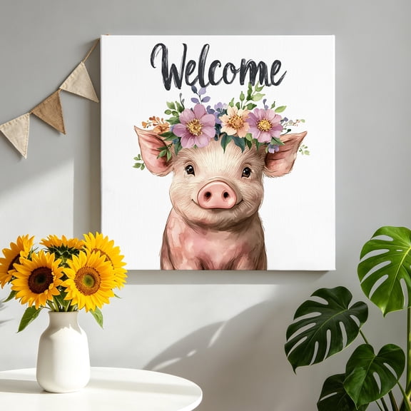 Pig Canvas Wall Art, Welcome Pictures Wall Decor Wooden Framed Artwork Art Prints for Living Room Hallway Bedroom Office 8"x8"