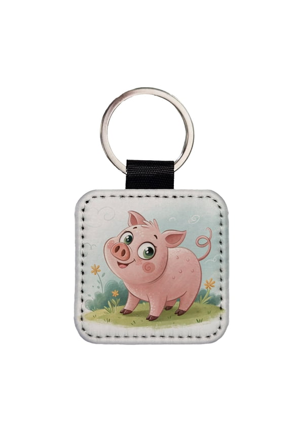 Pig Children's Illustration Style Faux Leather Square Keychain