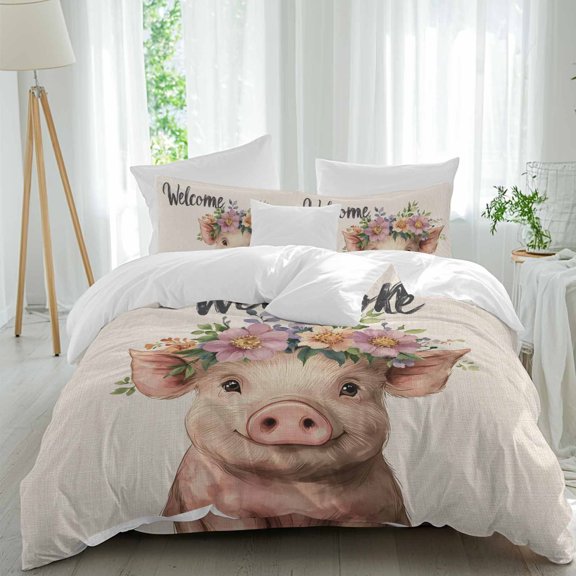 Pig Comforter Set Full Size, Welcome Garland Retro Soft Bedding Set for Man Woman, 4 Pieces Duvet Cover Set with Fitted Sheet, 2 Pillowcases
