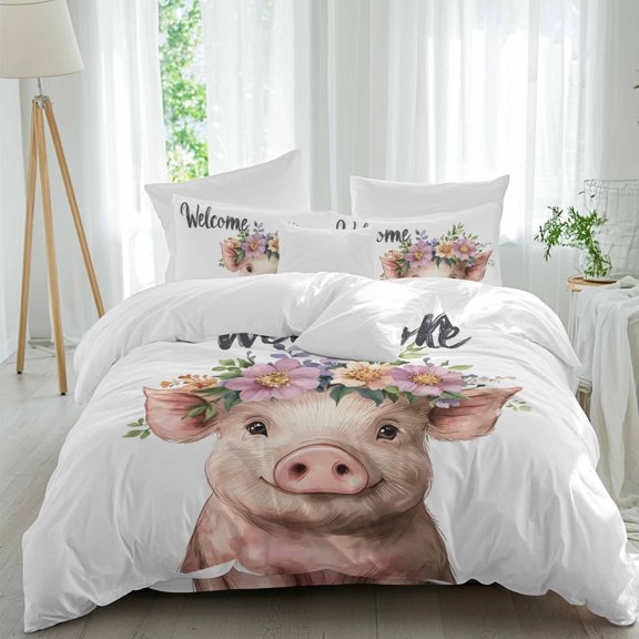 Pig Comforter Set Queen Size, Welcome Garland Soft Bedding Set for Man Woman, 4 Pieces Duvet Cover Set with Fitted Sheet, 2 Pillowcases