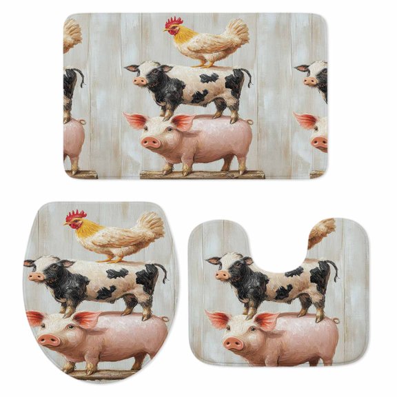 Pig Cow Chicken Bath Mat 3 Piece Bathroom Rug Set, Retro Country Farm Animal Oil Painting Non Slip Bath Rug Contour Mat and Toilet Lid Cover, Absorbent Shower Mats Soft Bath Rugs and Mats Sets