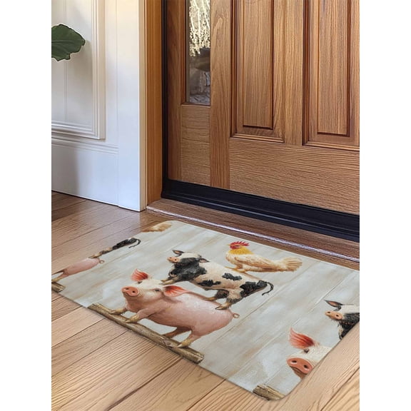 Pig Cow Chicken Door Mat Indoor Outdoor Entrance,Non Slip Small Rug for Kitchen Bathroom Entryway Rug,Retro Country Farm Animal Oil Painting Washable Doormat Floor Mat for Office Home 16x24 Inch