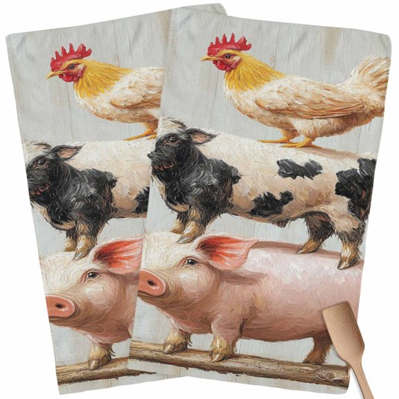 Pig Cow Chicken Kitchen Towel Dish Cloths Set of 2, Microfiber Soft Kitchen Hand Towels, Retro Country Farm Animal Oil Painting Absorbent Quick Drying Dishcloths 18 x 28 Inches