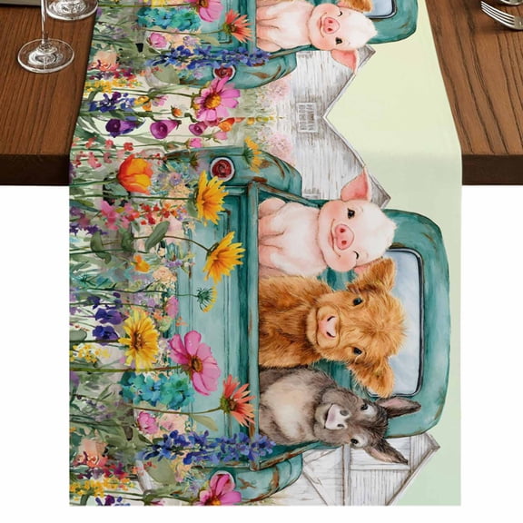 Pig Cow Horse Burlap Cotton Table Runner 13x36 Inches Short, Farmhouse Truck Farm Cabin Botanical Floral Farmhouse Table Runners, Outdoor Dining Table Decor for Baby Shower/Party/Wedding