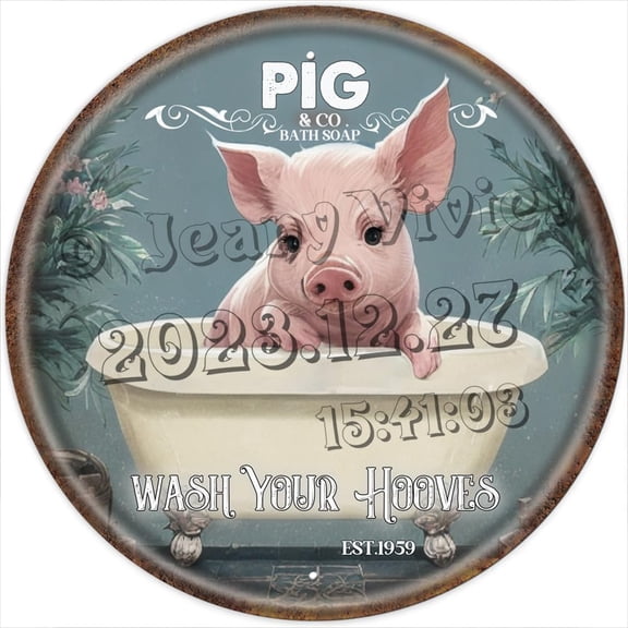 Pig Decor Round Funny Bathroom Tin Sign Bathtub Decor Pig Accessories Farm Decor Pig Signs Wall Art Poster Retro Poster Bar Home Bathroom Wall Decoration Sign Bath Decor 12x12 inches