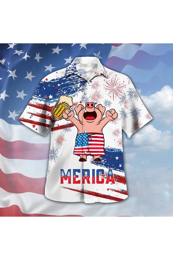 Pig Drink Beer Hawaiian Shirt Funny Merica Pig USA Flag Pattern Hawaii Shirt Men Women