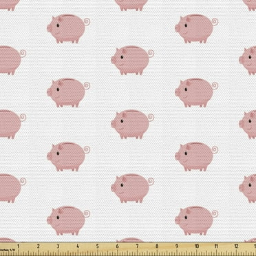 Ambesonne Pig Fabric by the Yard Upholstery, Piglets with Swirling Tails, 2 Yards, Pale Pink White